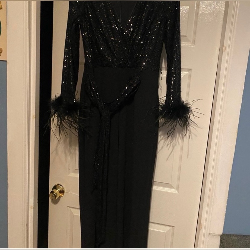 Eliza J Black Sequin Dress with Feather Accents